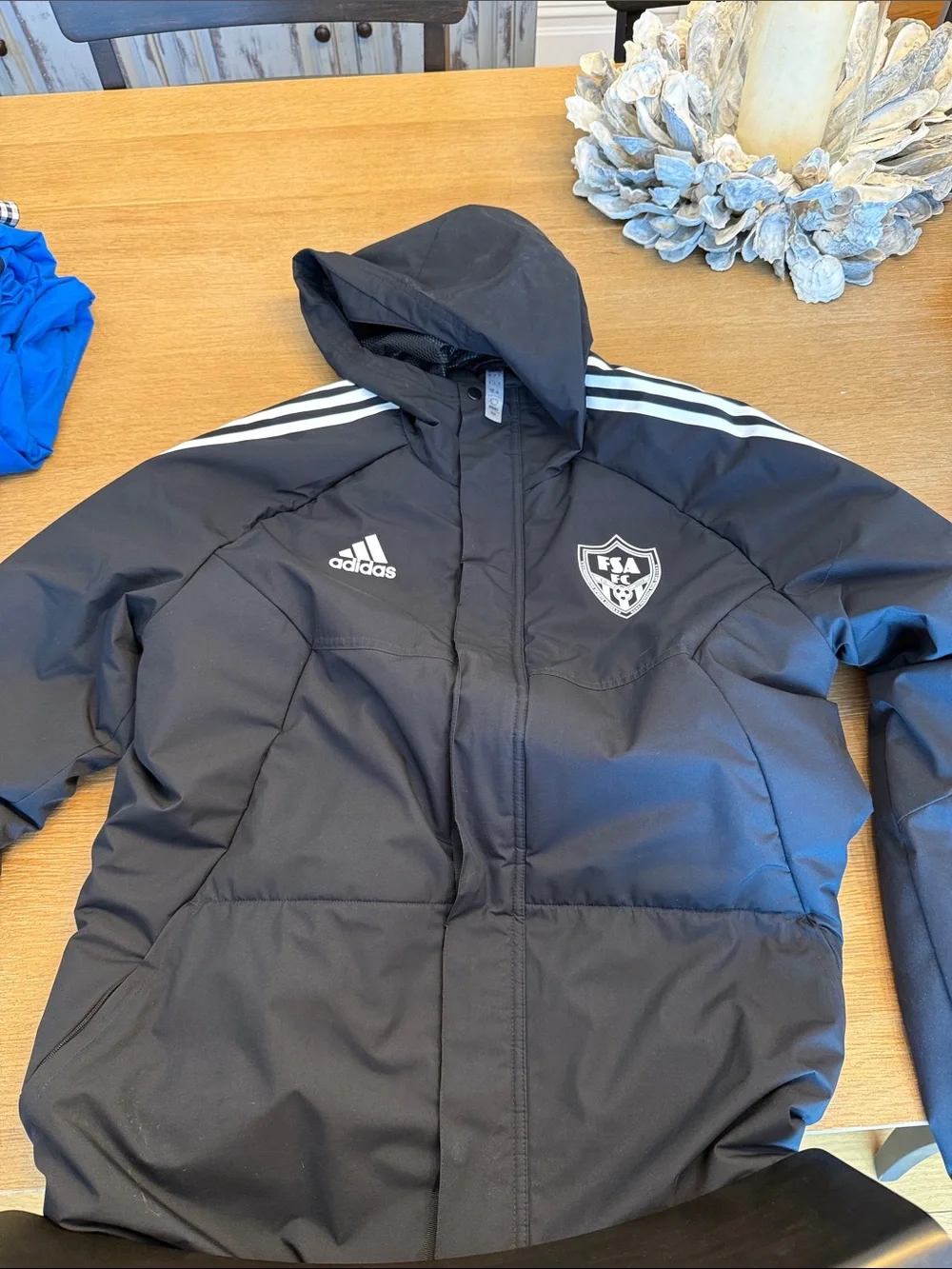 adidas Black Hooded Puffer Jacket with White Stripes and Crest